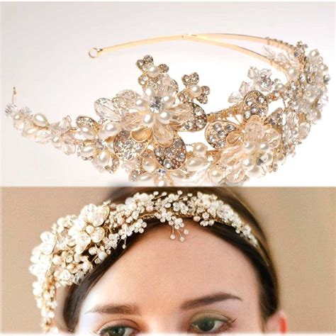 Gold Flower Bridal Wedding Tiara Pearls Beads Rhinestone Crystal ...