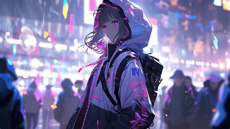 Anime Girl Pink Eyes City Desktop Wallpaper - Anime Wallpaper 4K