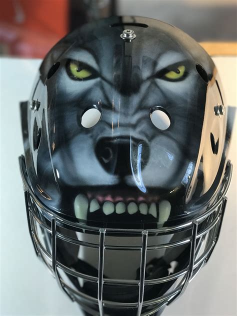 We just finished painting this wolf goalie mask Hockey Mask, Goalie ...