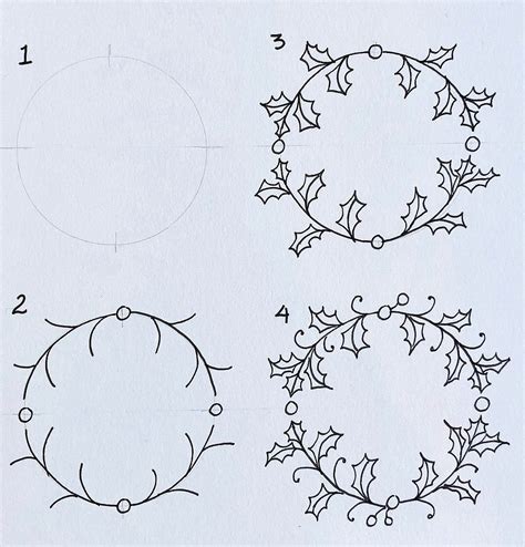 How to draw an easy Holly Wreath Doodle | Wreath drawing, Christmas ...