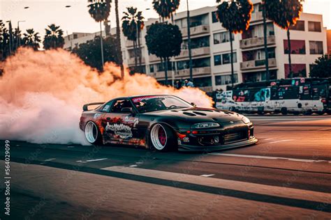 Tuned Toyota Supra drifting through Los Angeles. Generative AI. Stock ...