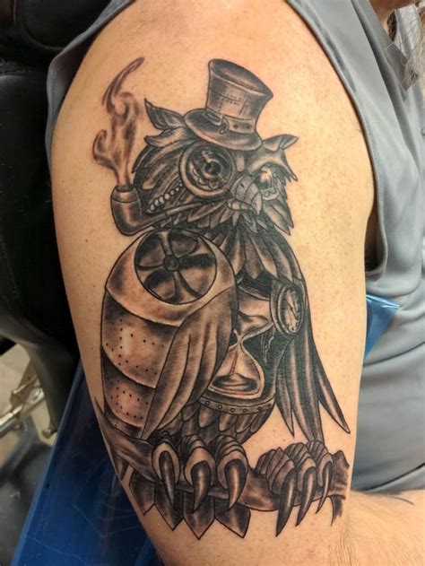 Steampunk owl done by Anthony at Black Sheep tattoo in Garner, NC : r ...