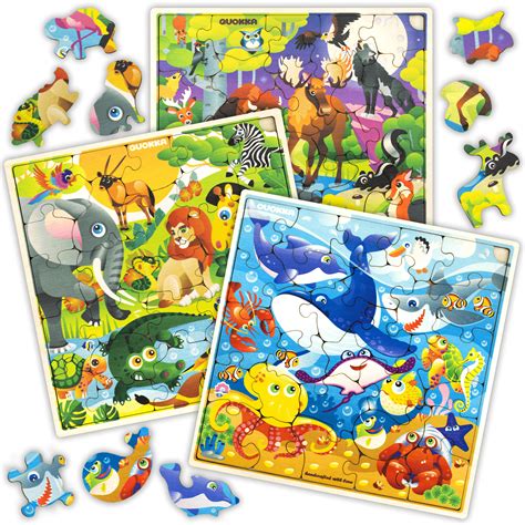 Wooden Jigsaw Puzzles for Kids Ages 4-8, 3 Pack Puzzles ...