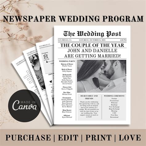 Wedding Newspaper Program Template Editable Wedding - Etsy