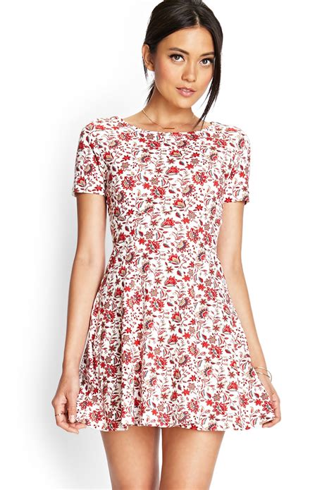 Forever 21 Floral Skater Dress in Red | Lyst