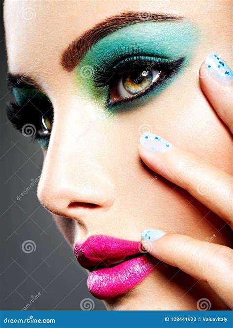 Face of a Beautiful Girl with Fashion Makeup and Blue Nails Stock Photo ...