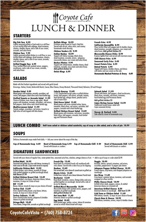 Menu at Coyote Cafe, Vista