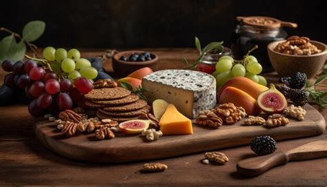 Premium AI Image | Variety of gourmet cheese fruit and nuts on rustic ...