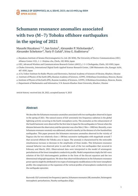 (PDF) Schumann resonance anomalies associated with two (M~7) Tohoku ...