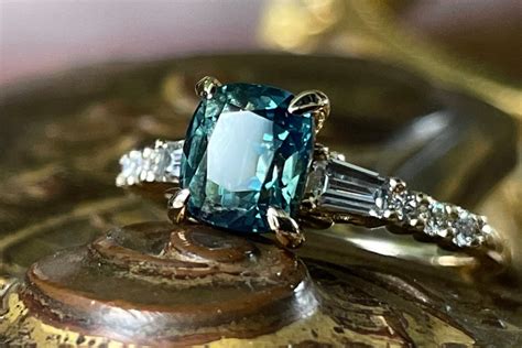 Teal Sapphire Engagement Ring Platinum W/ Baguette Accents ...