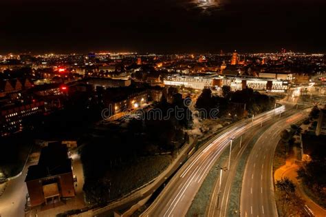 Top Down View To Road. Romantic Night Aerial Photo of Cars Traveling ...