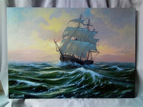 Sailing Ship at Sunset Seascape Custom Oil Painting. - Etsy