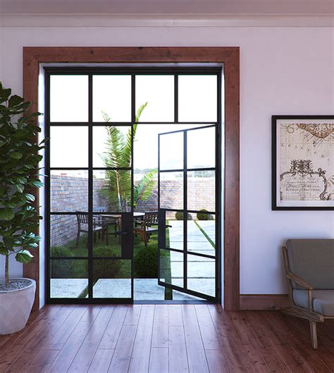 Custom Steel Grid Double Glass Door with Transom - A113 - Abby Iron Doors