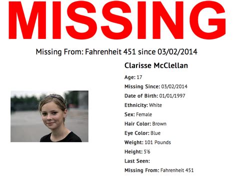 MISSING: CLARISSE McCLELLAN - Fahrenheit 451