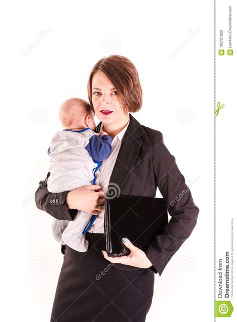 Young Working Mom Carrying Her Baby in One Hand Isolated Stock Photo ...