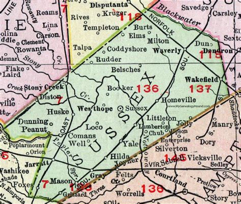 Sussex County, Virginia, Map, 1911, Rand McNally, Wakefield, Waverly ...