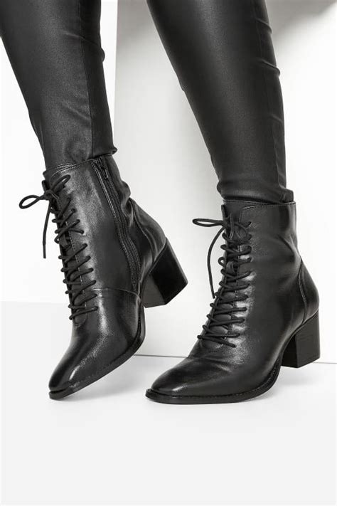 Black Leather Lace Up Heeled Boots In Extra Wide Fit | Yours Clothing