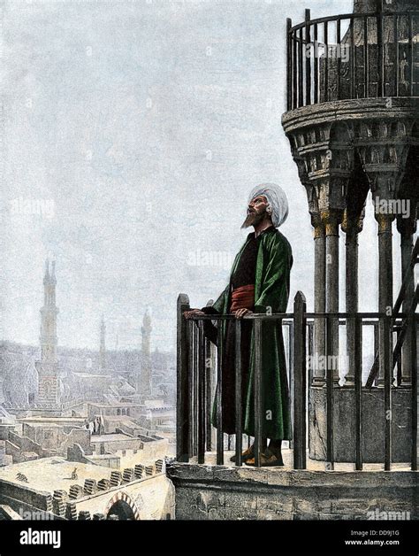 Islamic muezzin calling people to prayer, 1800s. Hand-colored halftone ...