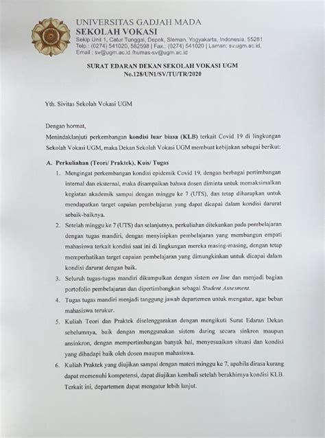 Surat Edarn Dekan Sekolah Vokasi UGM No. 128 - Departemen Teknik Mesin ...