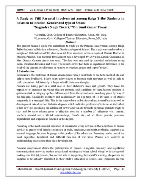 (PDF) A STUDY ON THE PARENTAL INVOLVEMENT AMONG BAIGA TRIBE STUDENTS IN ...