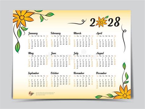 Calendar 2028 Vector Template Yellow Flowers Design, Yearly Calendar ...