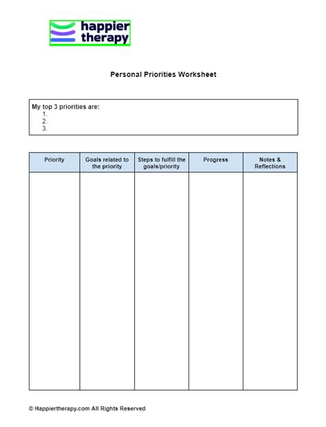 Personal Priorities Worksheet | HappierTHERAPY