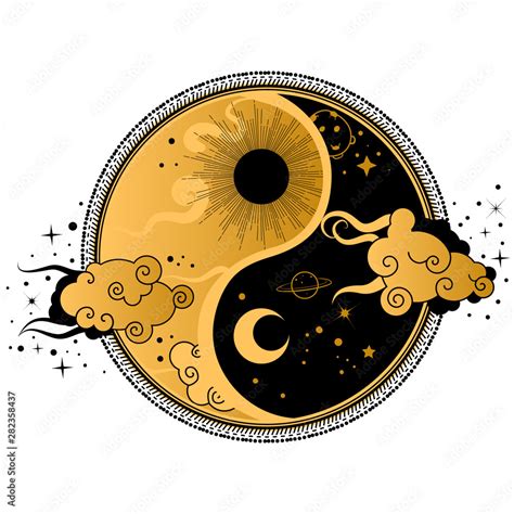 Yin yang tattoo art style. Bohemian logo, badge, sign with sun,moon and ...