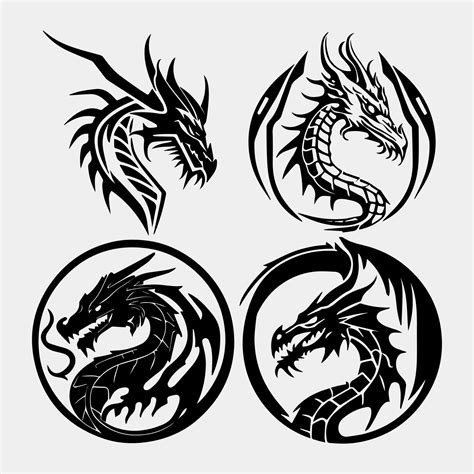 vector illustration, set of round tribal dragon tattoo designs, black ...