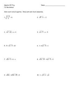 7.6 Worksheet: Radical Equations 10th - 12th Grade Worksheet | Lesson ...