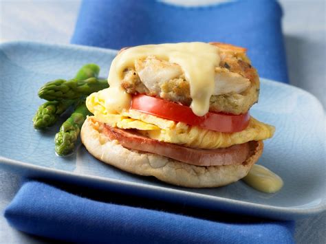 Crab Cake Benedict Recipe using frozen crab and prepared Hollandaise