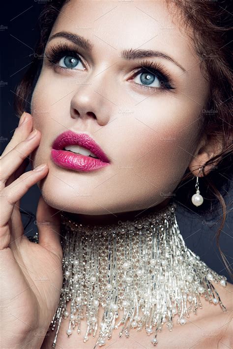 Make up. Glamour portrait of beautiful woman model with fresh makeup ...