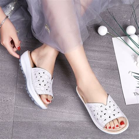 OCW Genuine Leather Slippers Platform Wedges Casual Soft Sandals For W ...