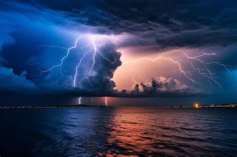 Premium AI Image | A lightning storm over the sea with a dark blue sky ...