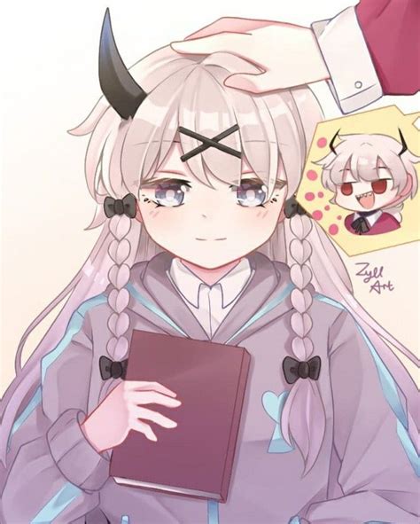 an anime character with horns on her head holding a book