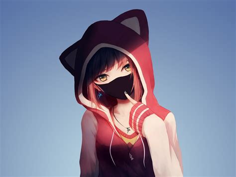 Download wallpaper 1600x1200 anime girl in hoodie, mask, original ...