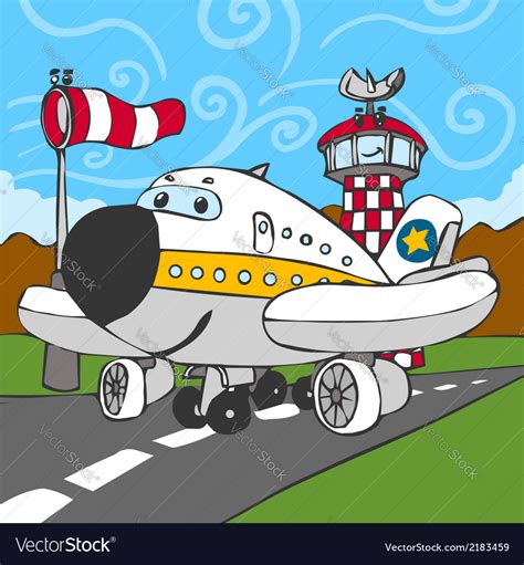 Funny airplane on airstrip and control tower Vector Image