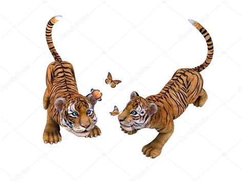 Two cute tiger cubs playing with butterflies — Stock Photo ...