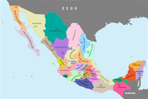 File:Mapa político de México a color (nombres de estados y capitales ...