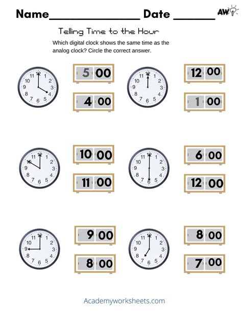 Telling Time to the Hour - Match Digital to Analog - Academy Worksheets