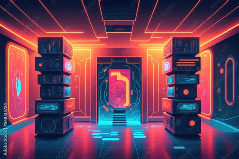 Illustration Neon stage scene pedestal room, gaming gamer background ...