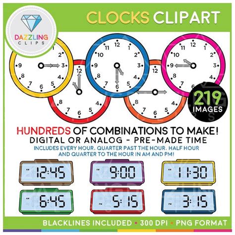 Digital and Analog Clock Clipart Instant Download Educational Clipart ...