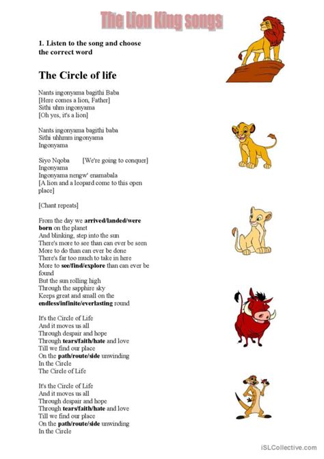 the Lion King Songs song and nursery…: English ESL worksheets pdf & doc