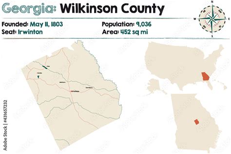 Large and detailed map of Wilkinson county in Georgia, USA. Stock ...