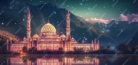 Premium AI Image | Magnificent mosque night view background with copy space