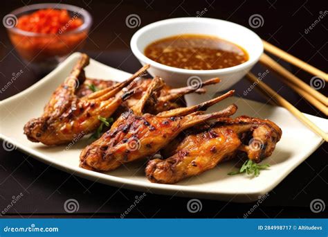 Barbecued Frog Legs with a Side of Spicy Dipping Sauce Stock ...