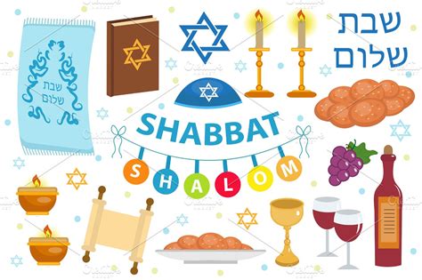 Shabbat Shalom icon set, flat, cartoon style. Collection of Jewish ...