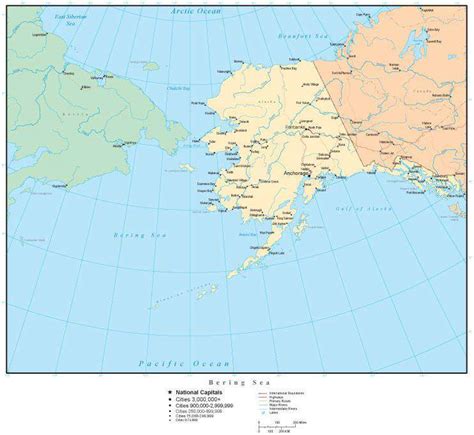 Bering Sea Map with Alaska and Country Areas, Cities and Major Roads