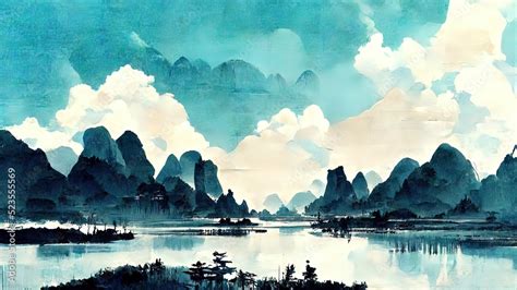 Traditional chinese ink painting with blue and black colors. Scenery ...