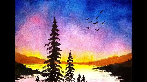 How To Draw Sunset Scenery With Watercolor / Again, start at the ...