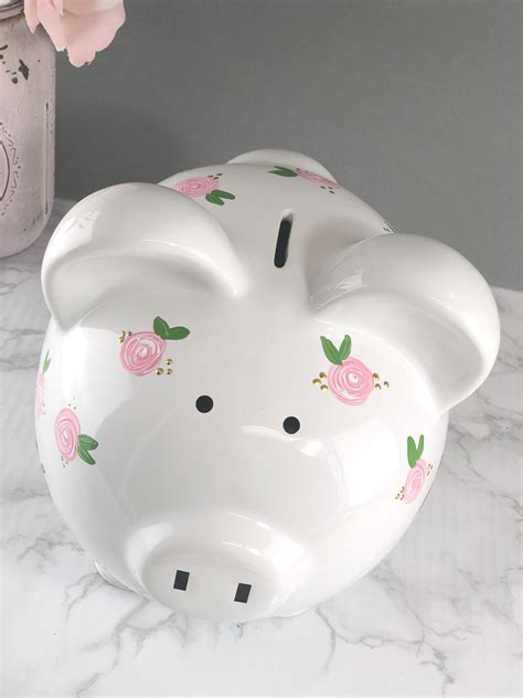 Large Personalized Piggy Bank For Girls - Pink Flowers